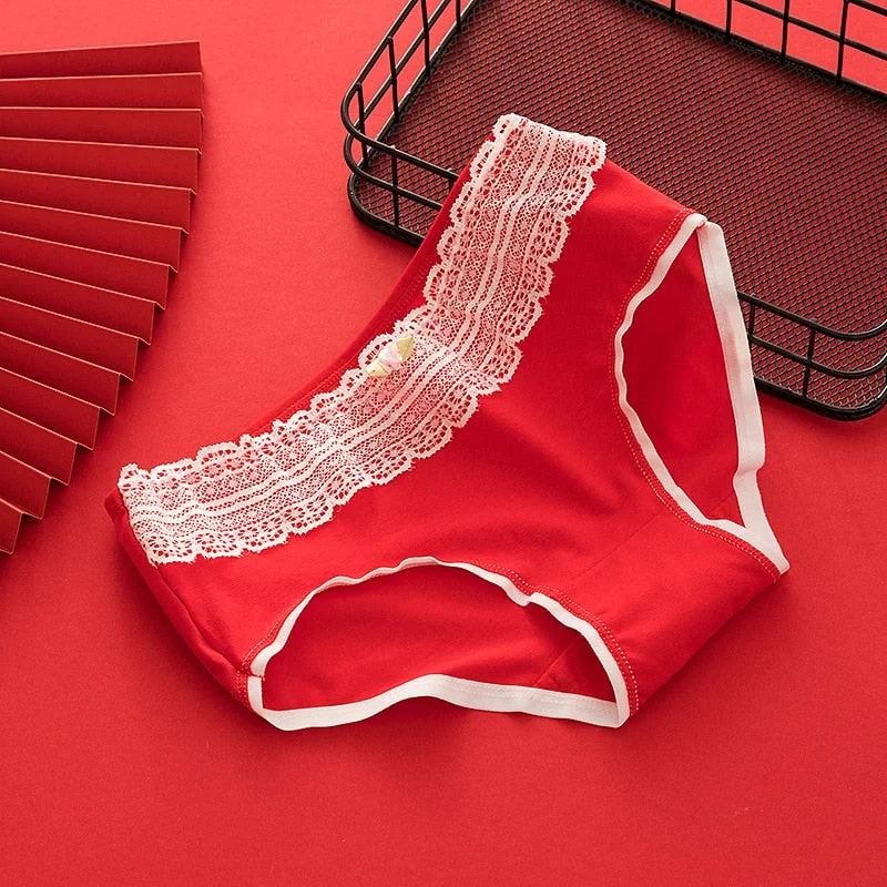 Women's Cotton Panties Red Lace Underpants Girl Cotton Briefs Mid Waist Seamless  Female Underpants Girls Cute Comfort Briefs