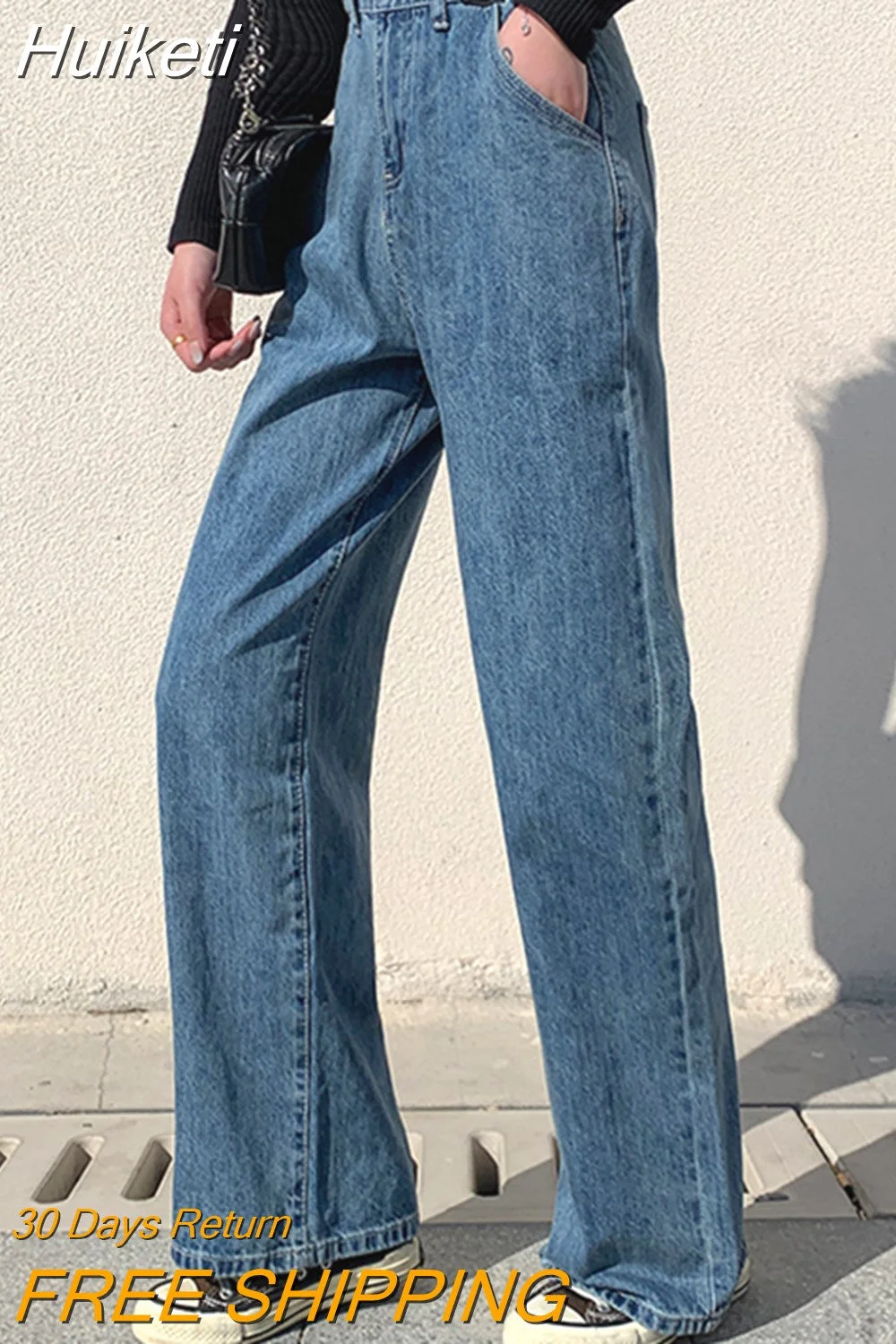 Huiketi Woman Jeans High Waist Wide Leg Denim Pants Spring Vintage Straight Blue Streetwear Casual Ladies Korean Baggy Jean