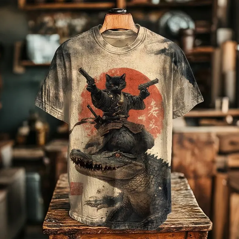 Men's Black Cat Warrior And Crocodile Japanese Art Print T-shirt  artssus