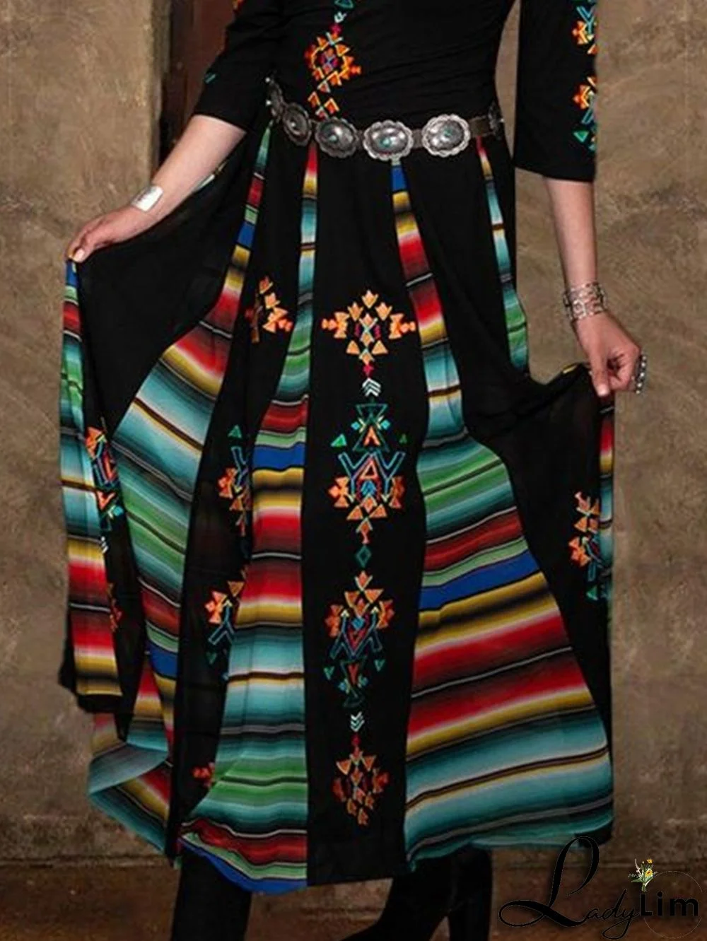 Casual Ethnic Print Off Shoulder Half Sleeve Midi Dress