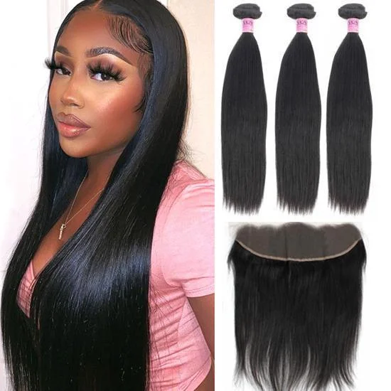FREE SHIPPING YVONNE Premium Natural Straight 3 Bundles With 13x4 Lace Frontal