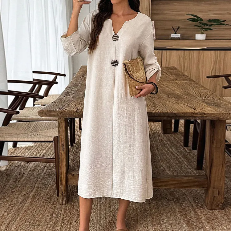 Women's Elegant V-neck Linen-cotton Maxi Dress