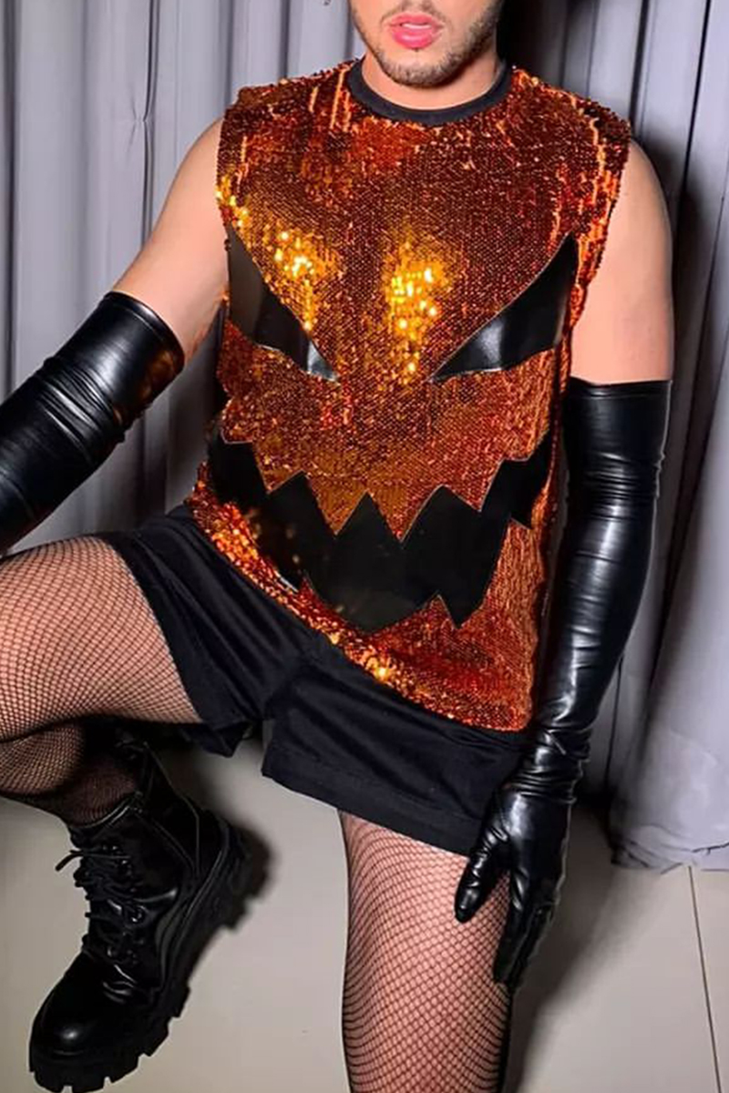 Halloween Pumpkin Sequin Orange Costume Tank Top