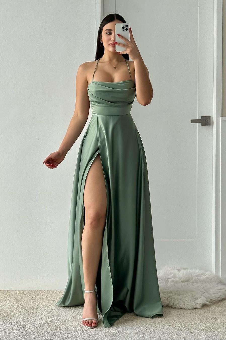 Royal Blue Velvet Sleeveless Halter Prom Dress with Slit