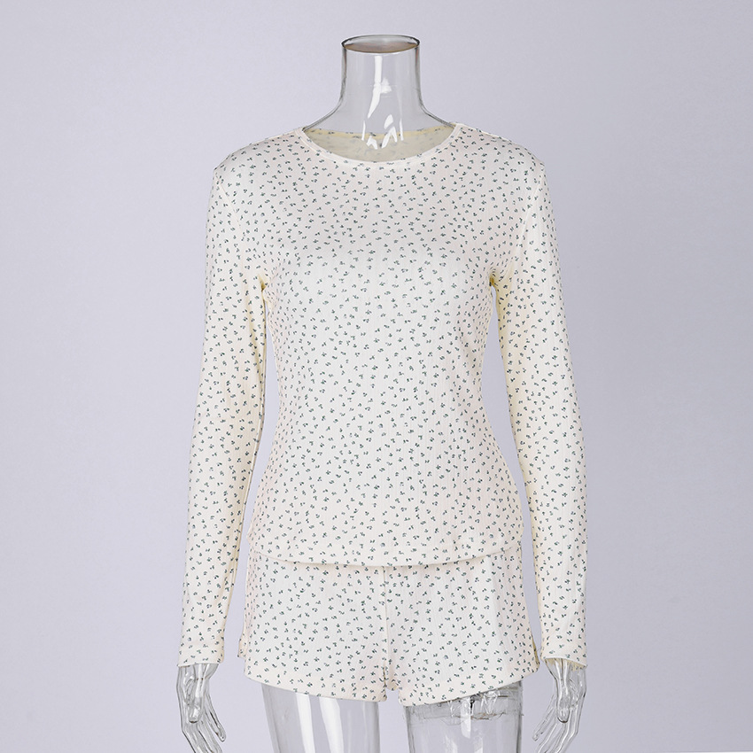 Ditsy Floral Ribbed Long Sleeve & Shorts Matching Loungewear Set