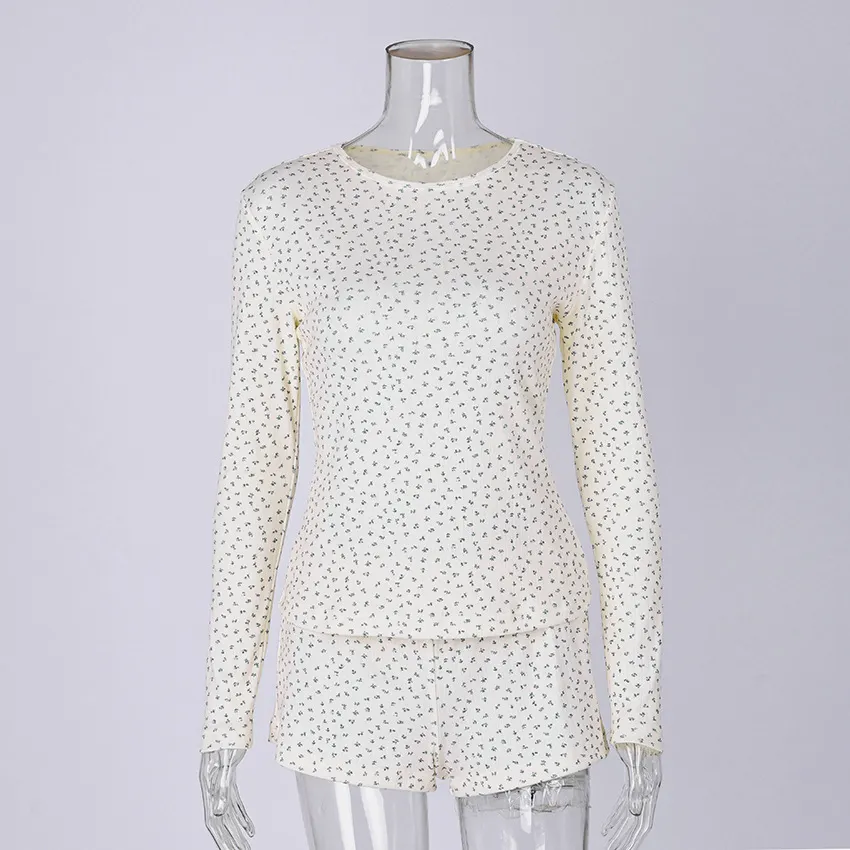 Ditsy Floral Ribbed Long Sleeve & Shorts Matching Loungewear Set