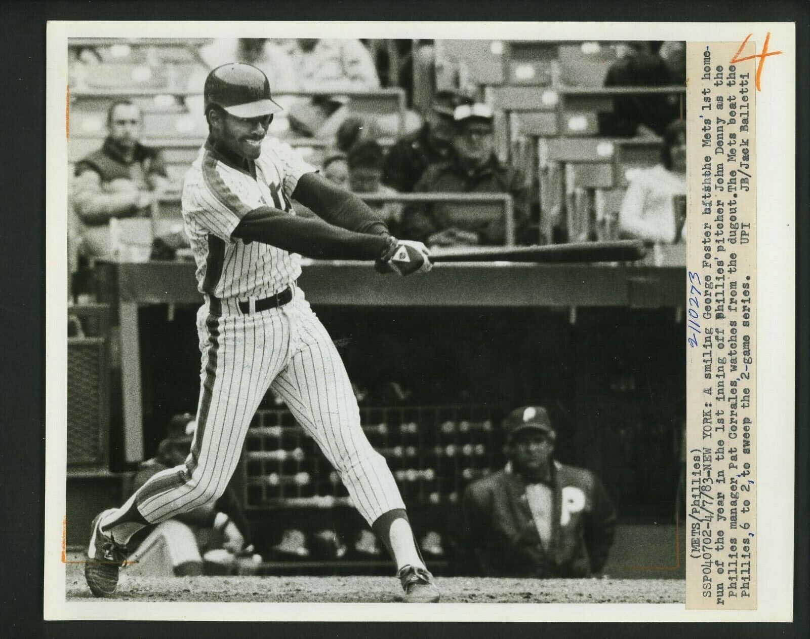 George Foster hits New York Mets first Home Run of 1983 Press Photo Poster painting