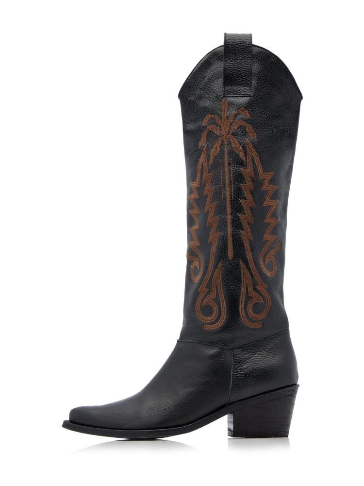 Women's Black Cowboy Knee-High Boots Embroidered Block Heel Wide Calf Boots 