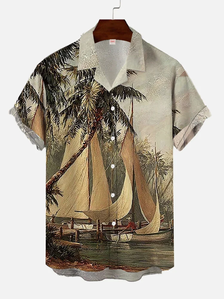 Panoramic Painting Sailboat And Palm Tree Print Cuban Collar Men's Short Sleeve Shirt