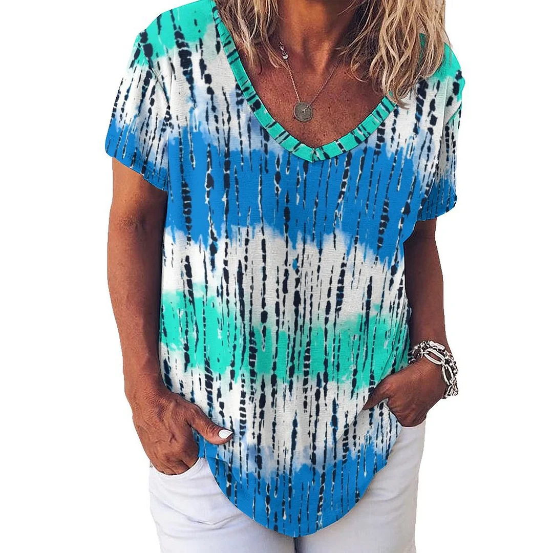 Style & Comfort for Mature Women V-neck Short Sleeve Casual T-shirt for  Women Printed with Pattern Tie-dyed, Blue, Green