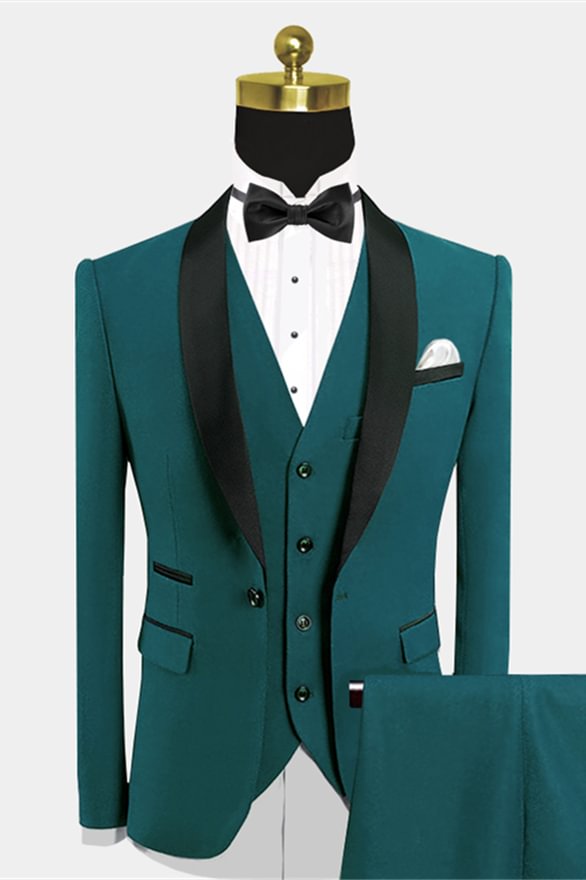 Green Handsome Tuxedo Wedding Suit With Black Shawl Lapel | Ballbellas Ballbellas