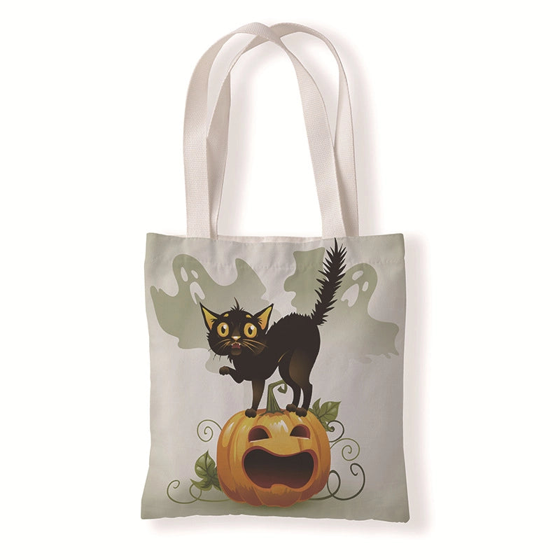 Halloween Women’s Medium Canvas Pumpkin Cat Streetwear Square Open Canvas Bag