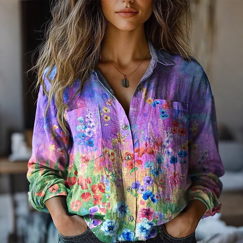 Comstylish Women's Watercolor Colorful Flowers Pattern Long Sleeve Comfortable Cotton Shirt