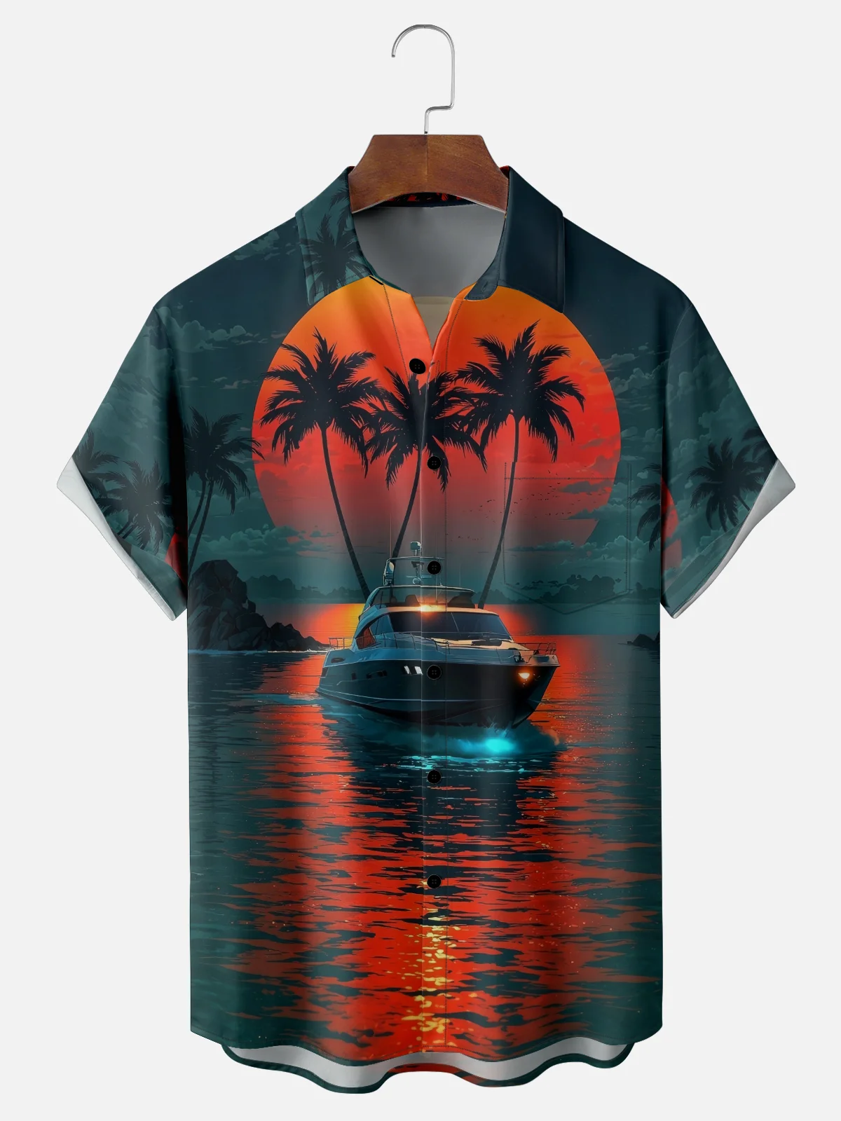 Moisture-wicking Coconut Tree Yacht Chest Pocket Hawaiian Shirt PLUSCLOTHESMAN