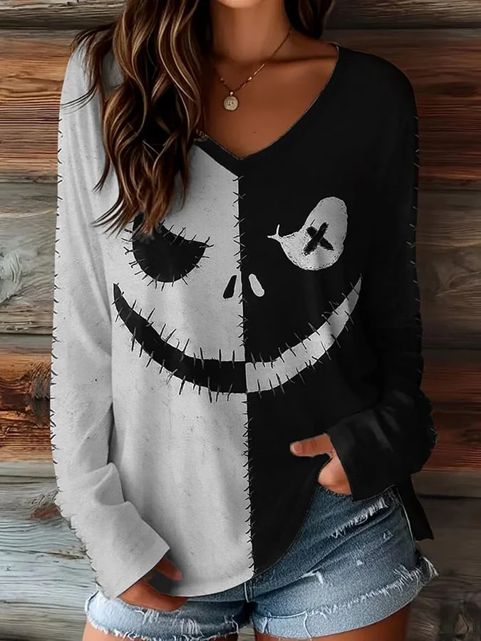🔥Buy 3 Get 10% Off🔥Women's Halloween Spooky Face Print Casual Long Sleeve T-Shirt 