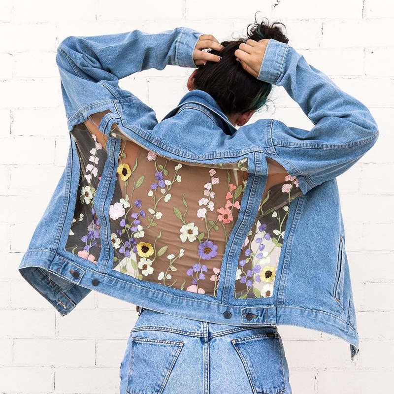 Floral Embroidered Lace Denim Jacket With Sheer Back Detail