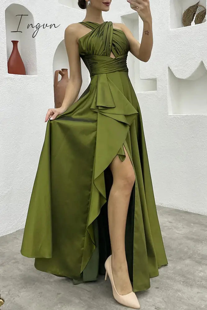 Ingvn - Elegant Formal Solid Slit Asymmetrical Halter Evening Dress Dresses Army Green / S