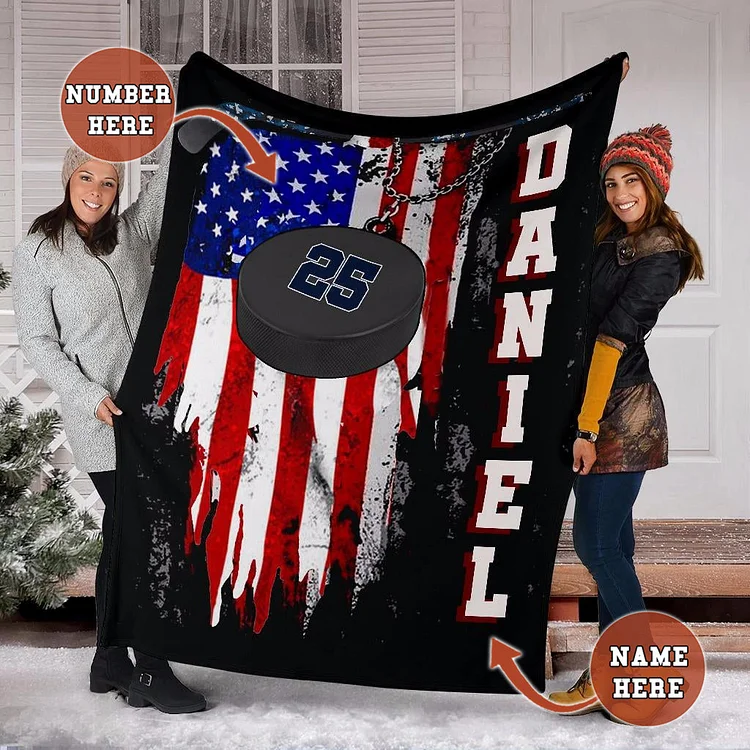 Personalized Hockey Blanket, Ice Hockey and US Flag Sherpa Fleece Blanket | BKKid556