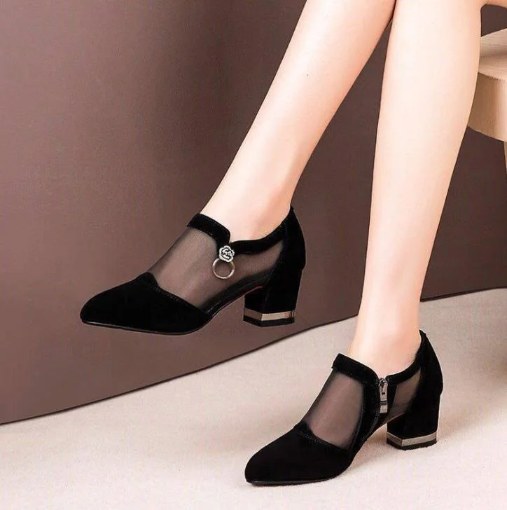 2020 Summer Women High Heel Shoes Mesh Breathable Pumps Zip Pointed Toe Thick Heels Fashion Female Dress Shoes Elegant Footwear