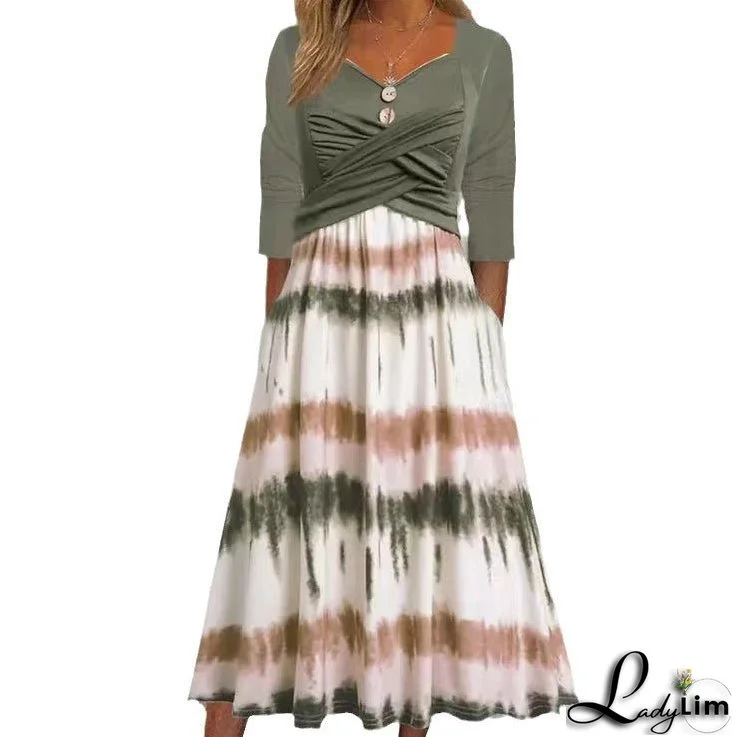 V-neck Printed Pocket Casual Dress with Matching Set