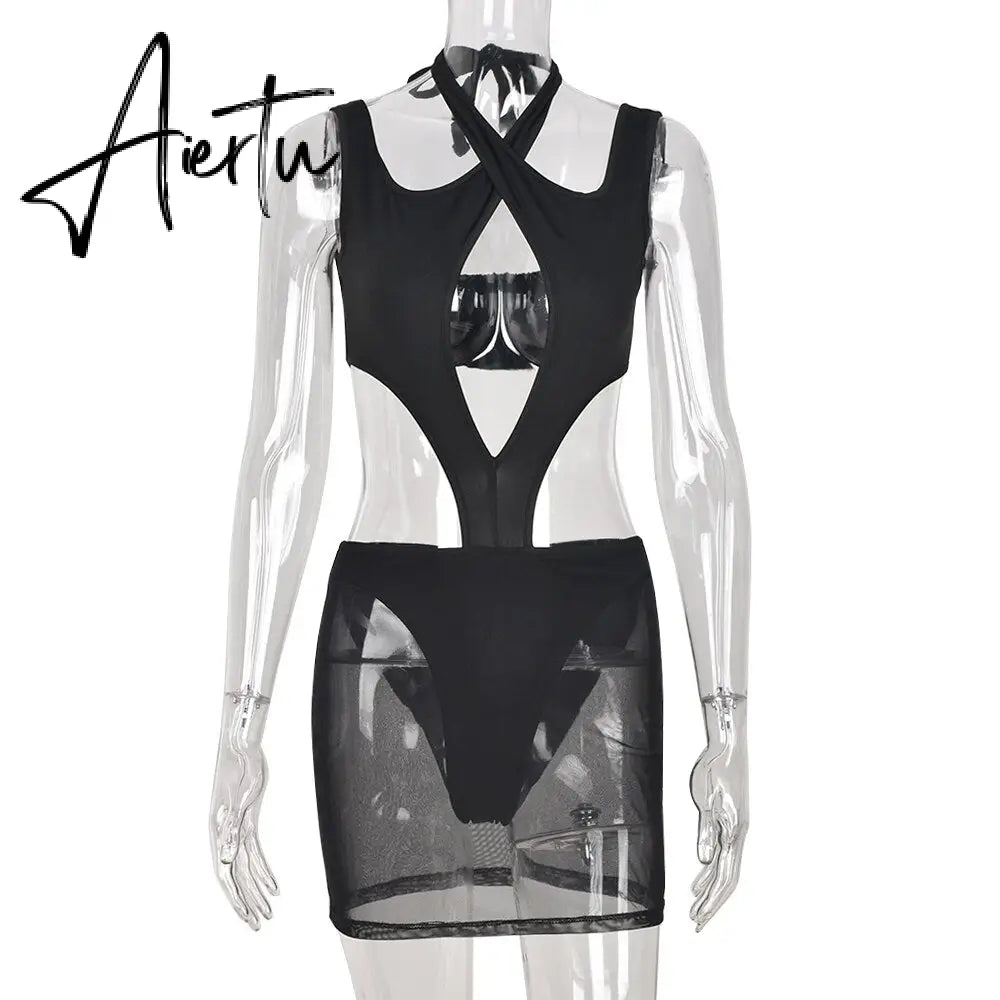 Sexy Halter Bandage Cut Out Bodysuits Dress Women Mesh Patchwork See Through Backless Dresses Summer Harajuku Party Outfits Aiertu