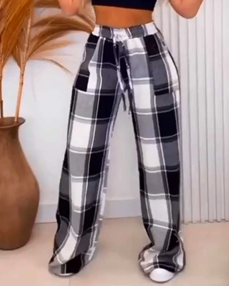 Lace-Up Check Print Pants