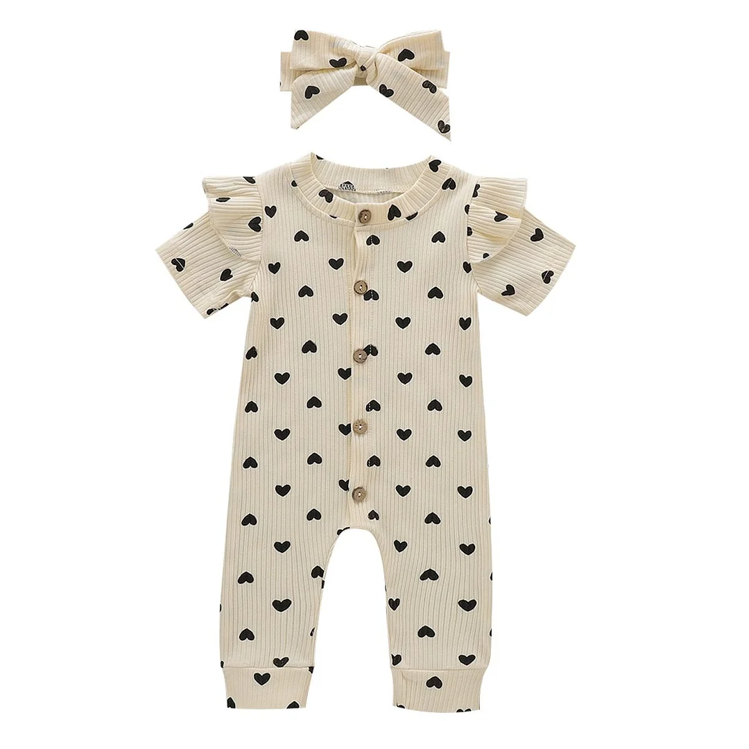 Children's Two Piece Set Hearts Print Jumpsuit Infant Fly Sleeve Crew Neck Heart Button Print Ribbed Romper Bow Hair Band Baby