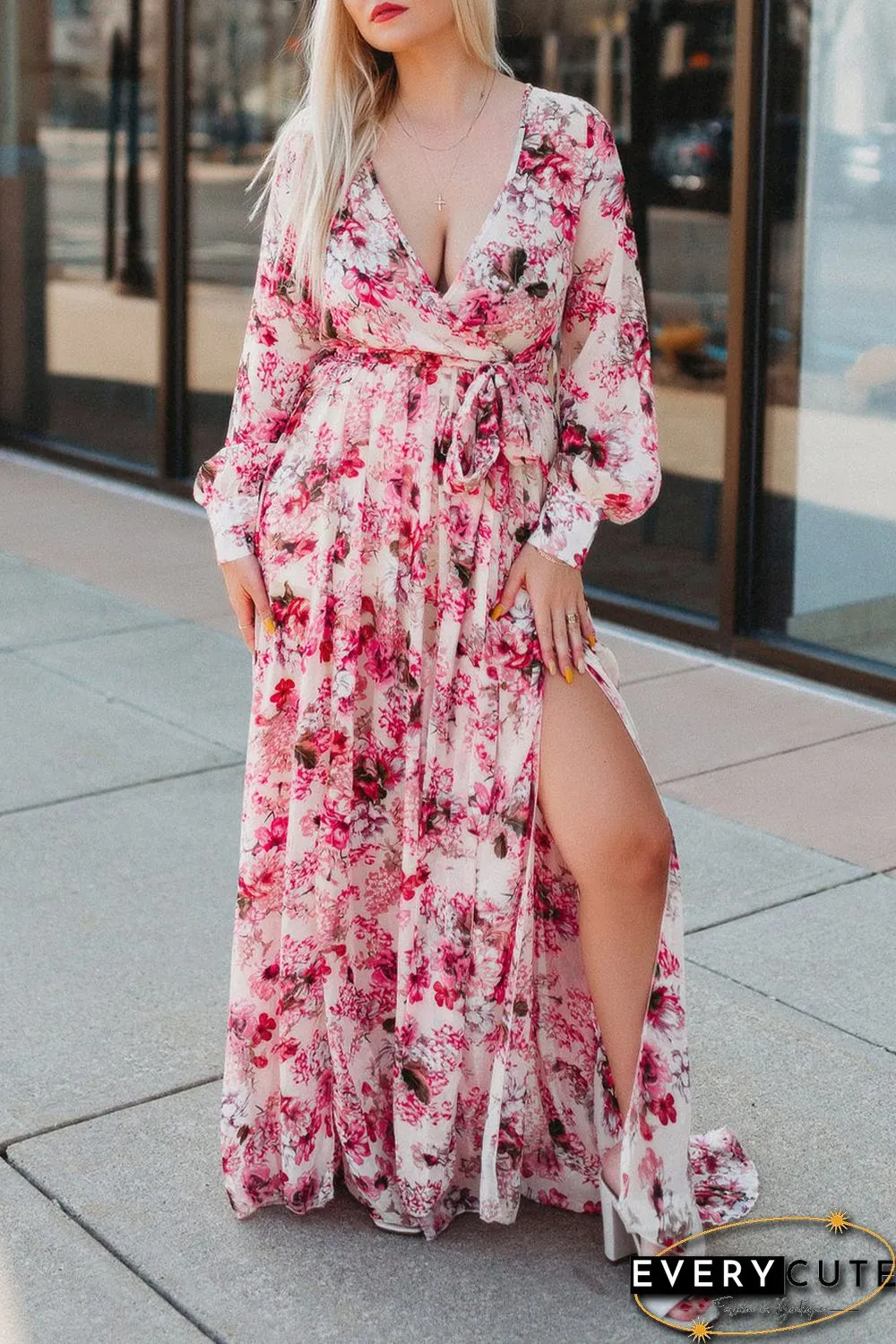 Pink Wrap V Neck Floral Maxi Dress
