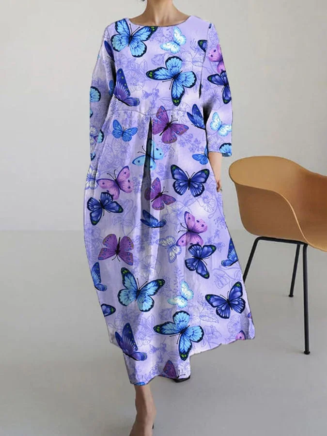 Women's Alzheimer's Disease Butterlies Print Casual 3/4 Sleeve Dress