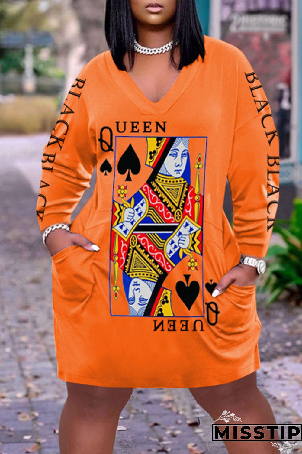 Dark Brown Casual Print Patchwork V Neck Long Sleeve Dresses