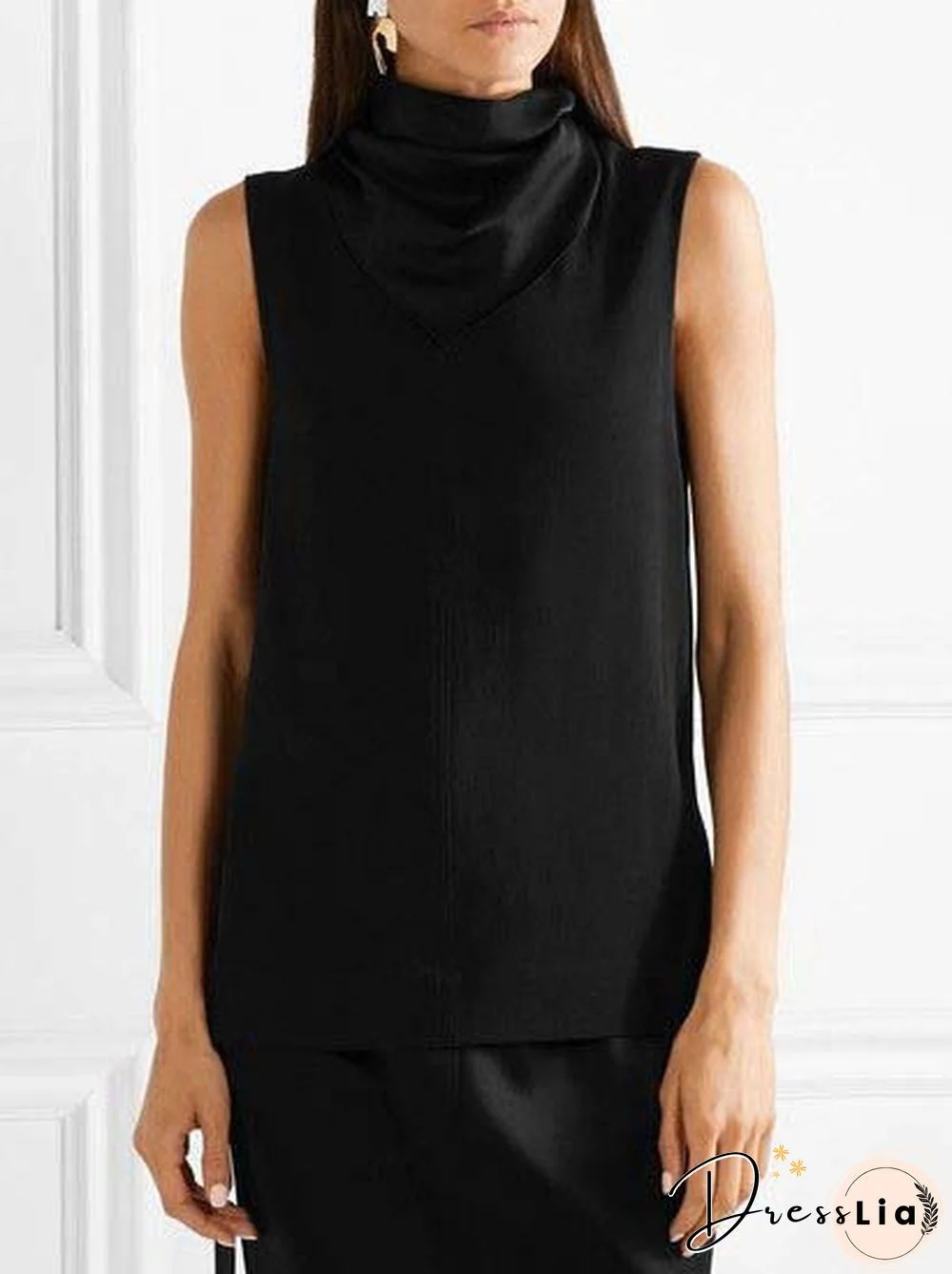 Cotton-Blend Sleeveless Solid Turtleneck Shirts & Tops