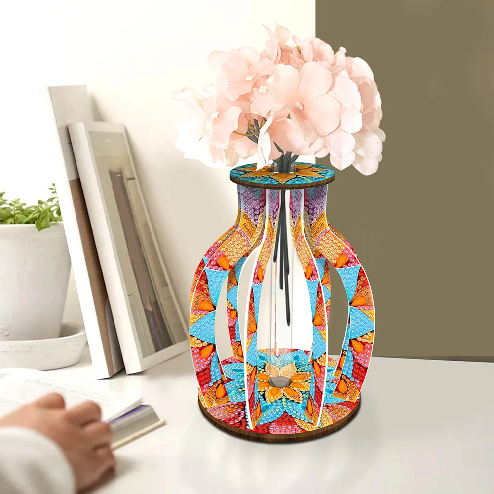 DIY Wood Mandala Diamond Painting Flower Vase Ornaments for Home Office Decor