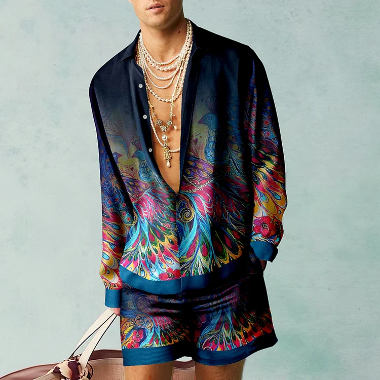 BrosWear Peacock Gradient Print Shirt And Shorts Co-Ord