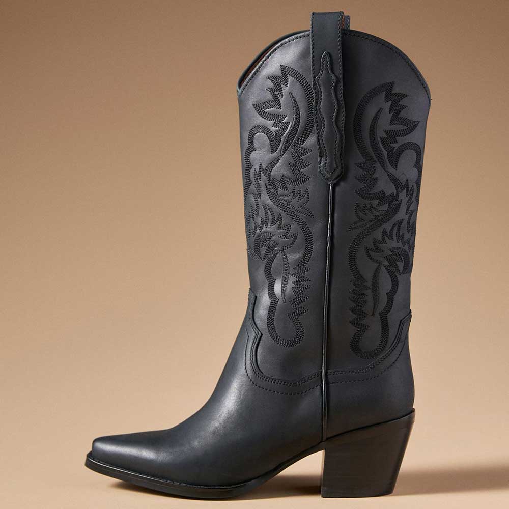 Black Snip Toe 3'' Chunky Heel Embroidered Mid-Calf Cowgirl Boots Nicepairs