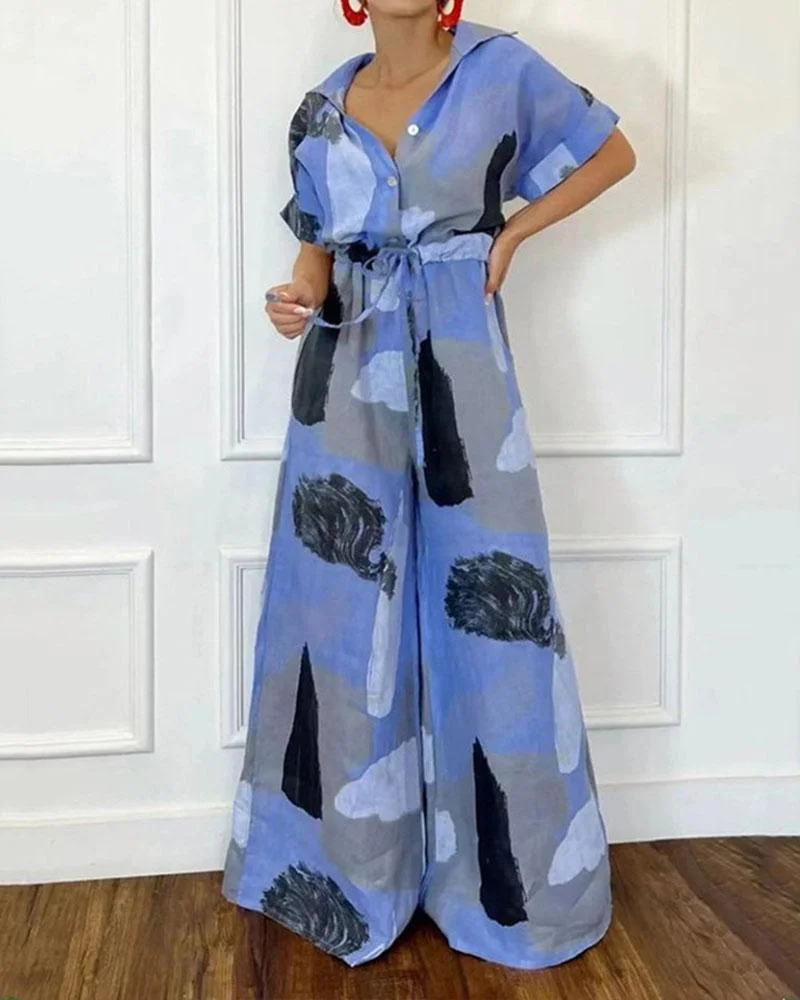 Loose Print Short Sleeve Jumpsuit