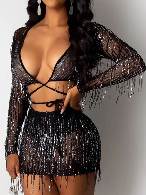 See-Through Shiny V-Neck Long Sleeve Top Short Skirt Two-Piece Suit