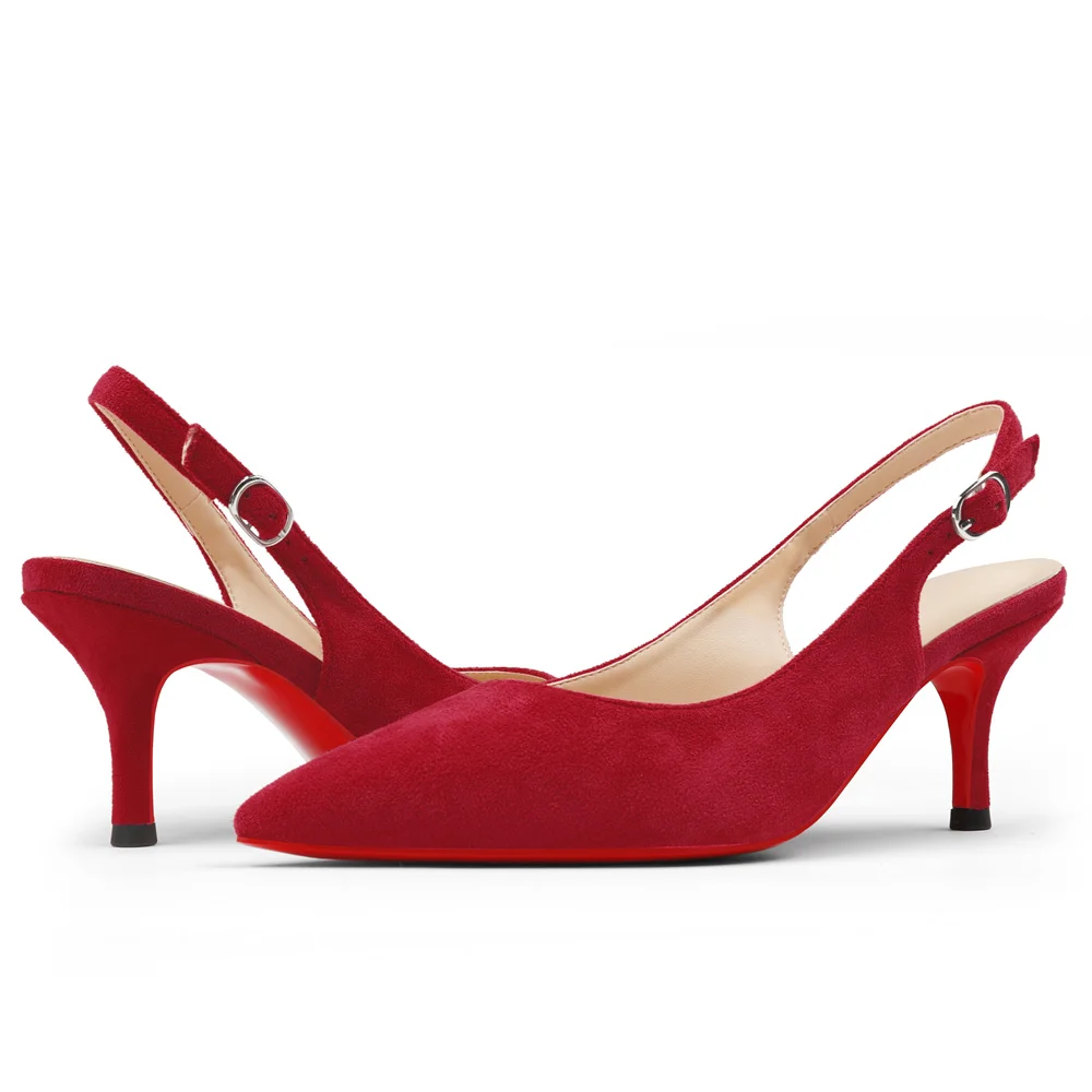 2.36" Women's Pointed Toe Sandals Slingback Red Bottom Shoes Kitten Heel Daily Pumps Suede-MERUMOTE