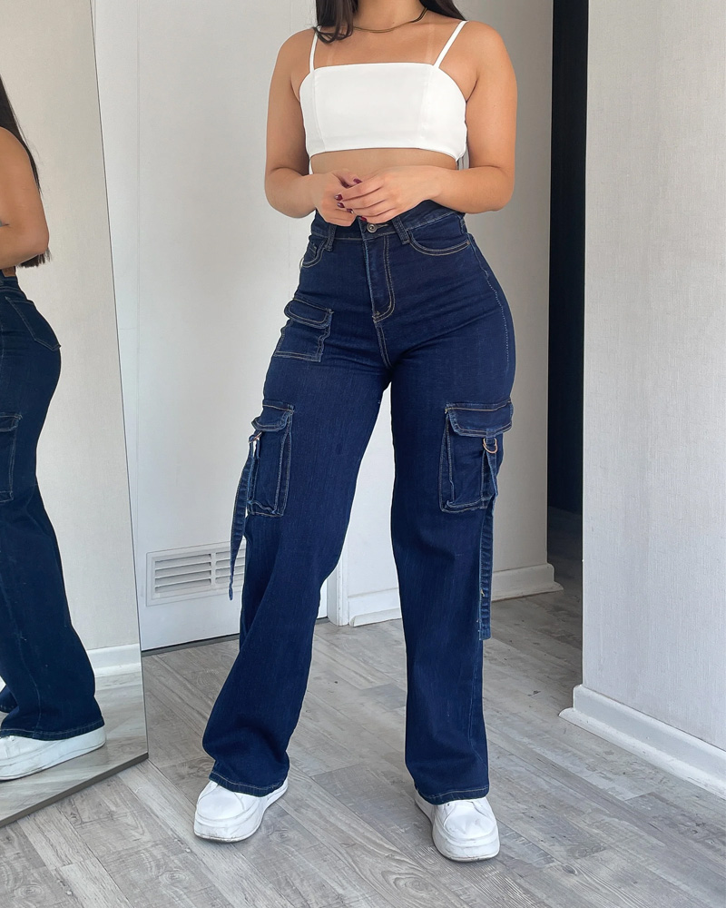 Women's Casual High Waist Flap Pockets Cargo Jeans Baggy Straight Leg Denim Pants 