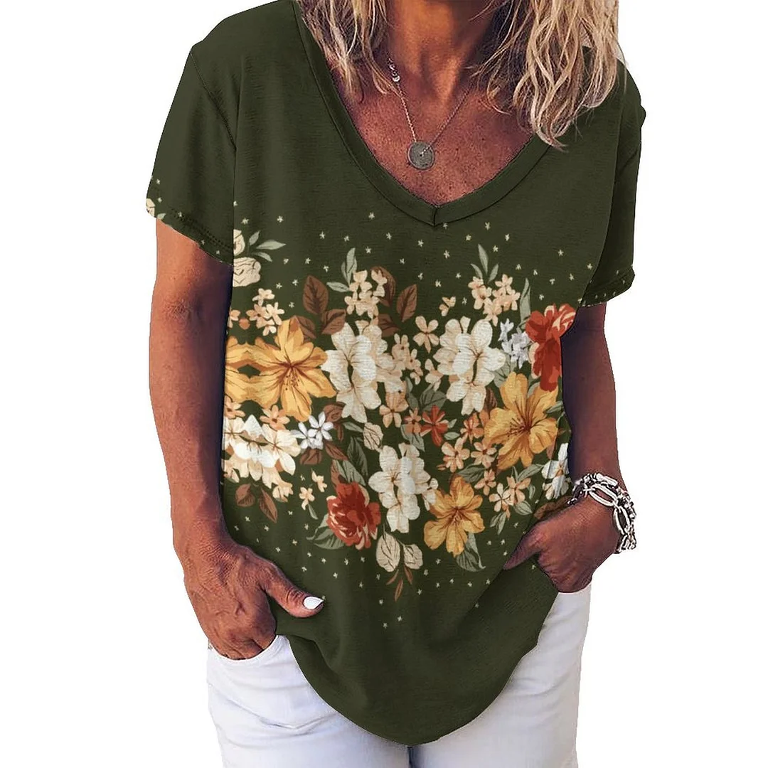 V-neck Short Sleeve Casual T-shirt for  Women Printed with Pattern Floral, Black, Colorful