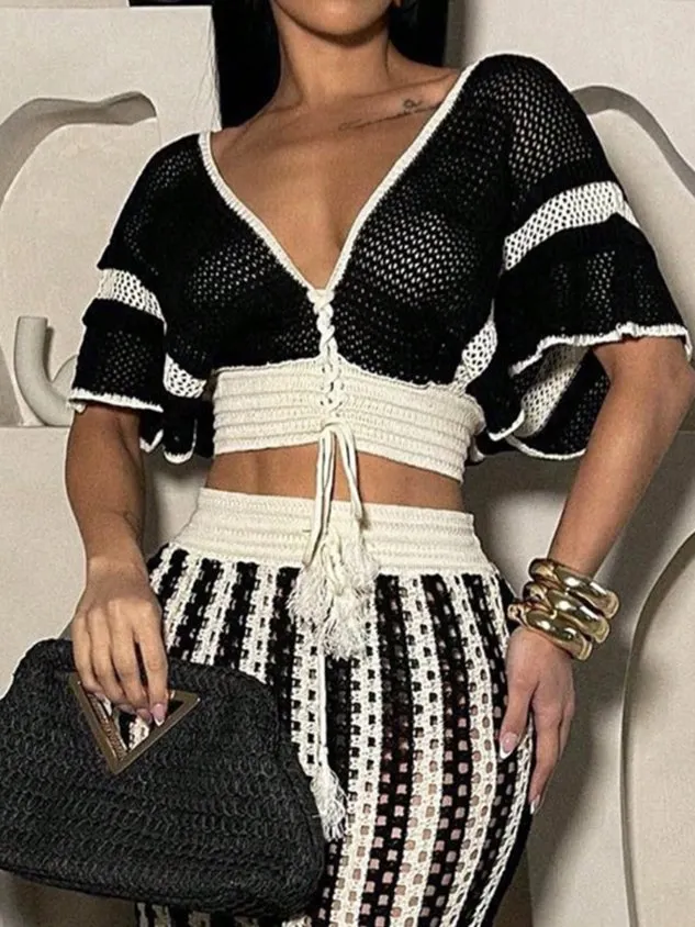Urban Color Block Lace-up V Neck Knit Top mysite idetrend
