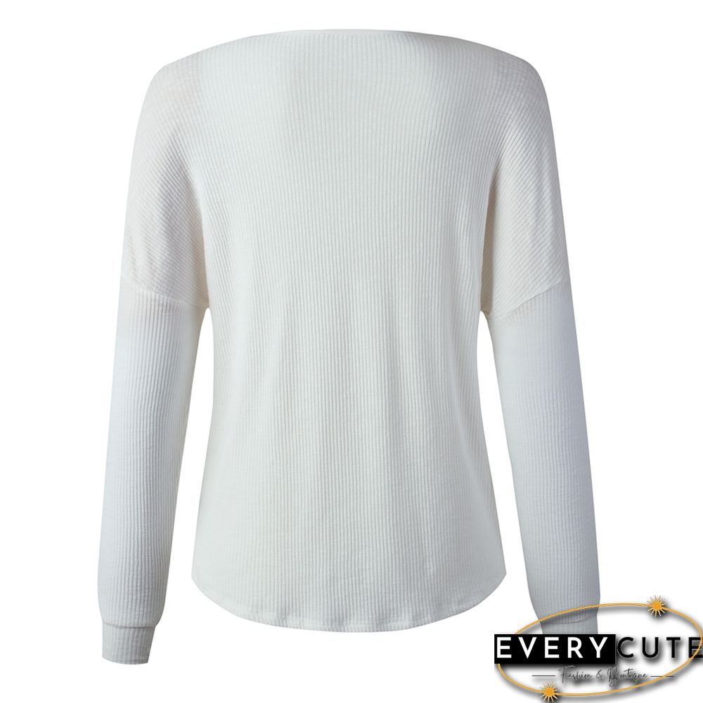 White V Neck Washed Grommet Long Sleeve Top