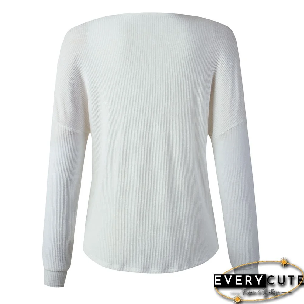 White V Neck Washed Grommet Long Sleeve Top
