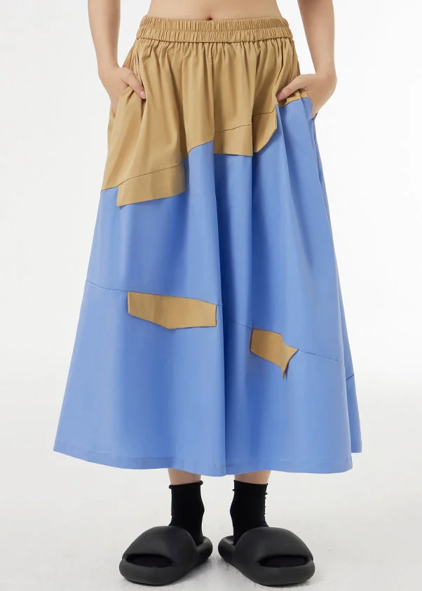 Sky Blue Pockets Elastic Waist Patchwork Cotton Maxi Skirts Wrinkled