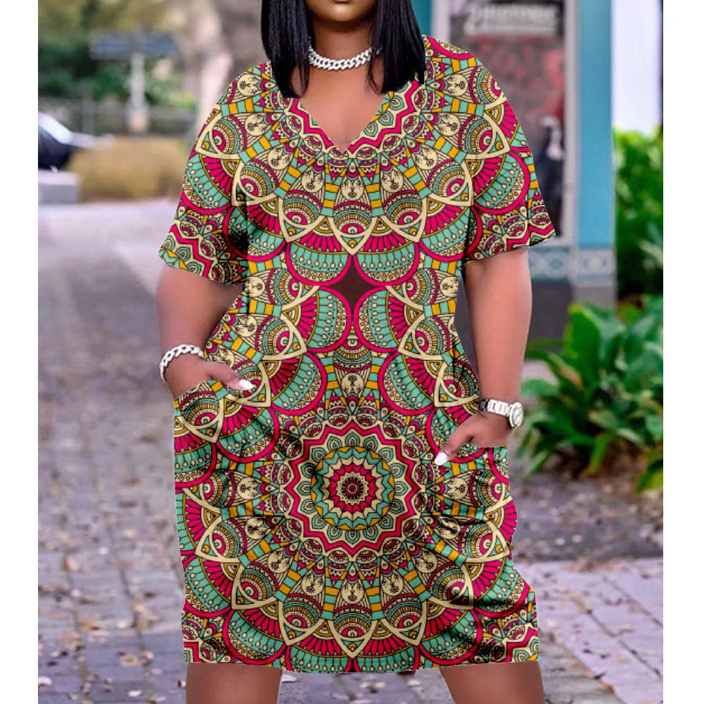 3D printed loose plus size v-neck mid-sleeve dress