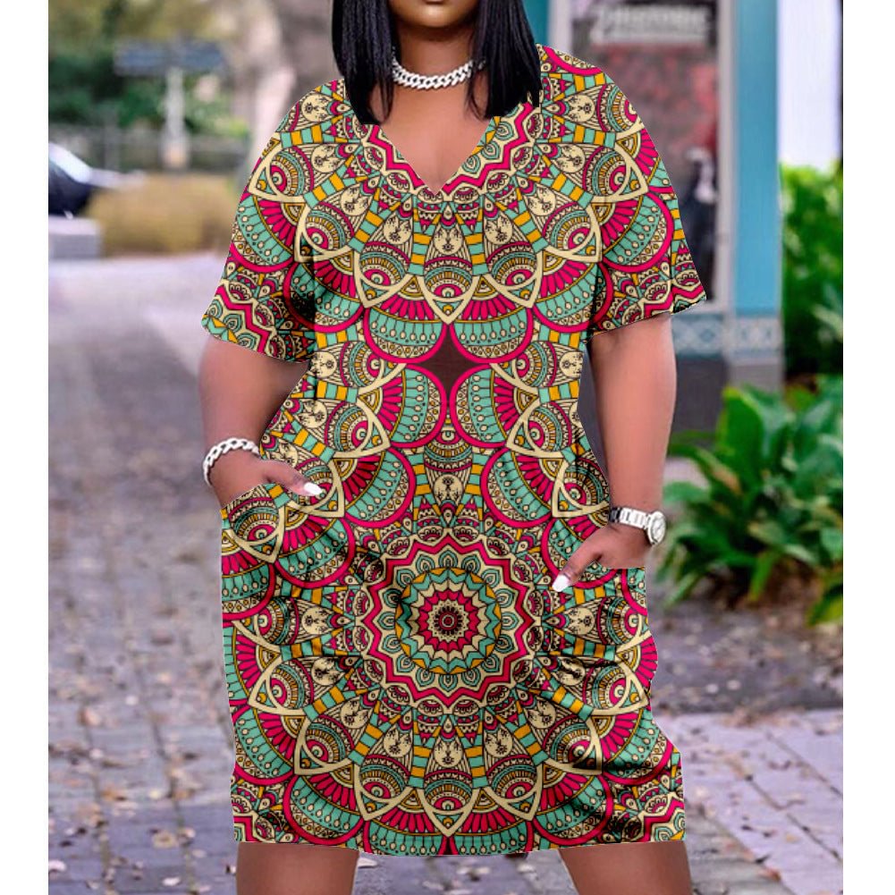 3D printed loose plus size v-neck mid-sleeve dress