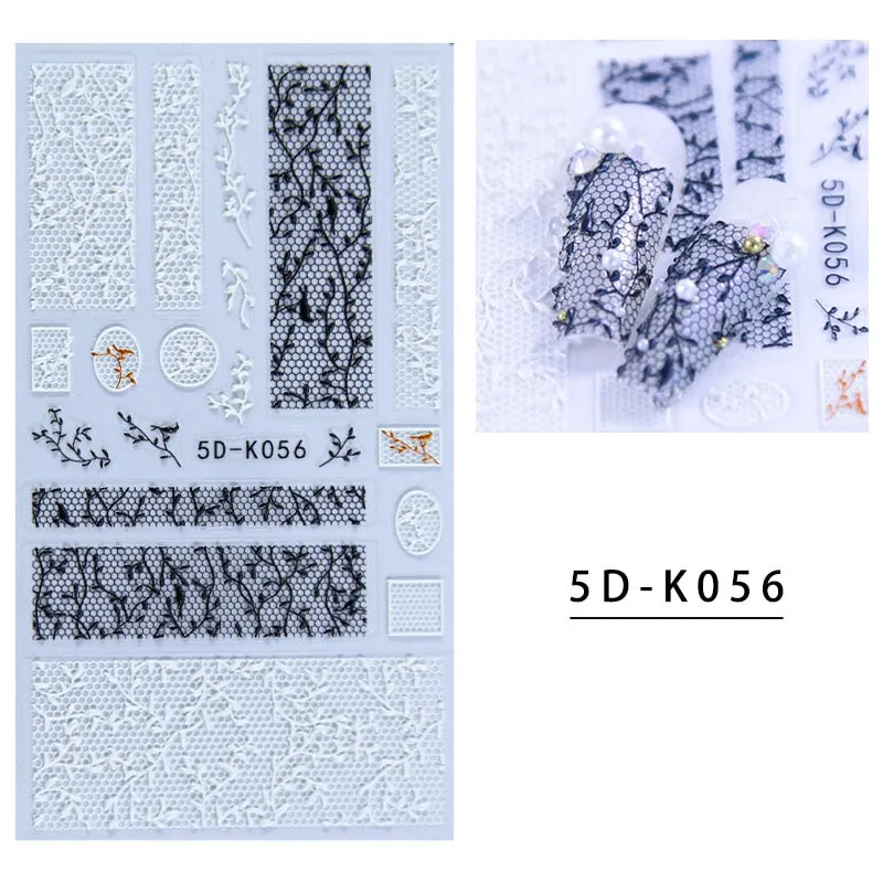 5D Butterfly Nail Sticker Engraved White Flower Sliders Embossed Lace Wedding Nail Art Design Monogram Decals Manicure Tools-Nail Inspo