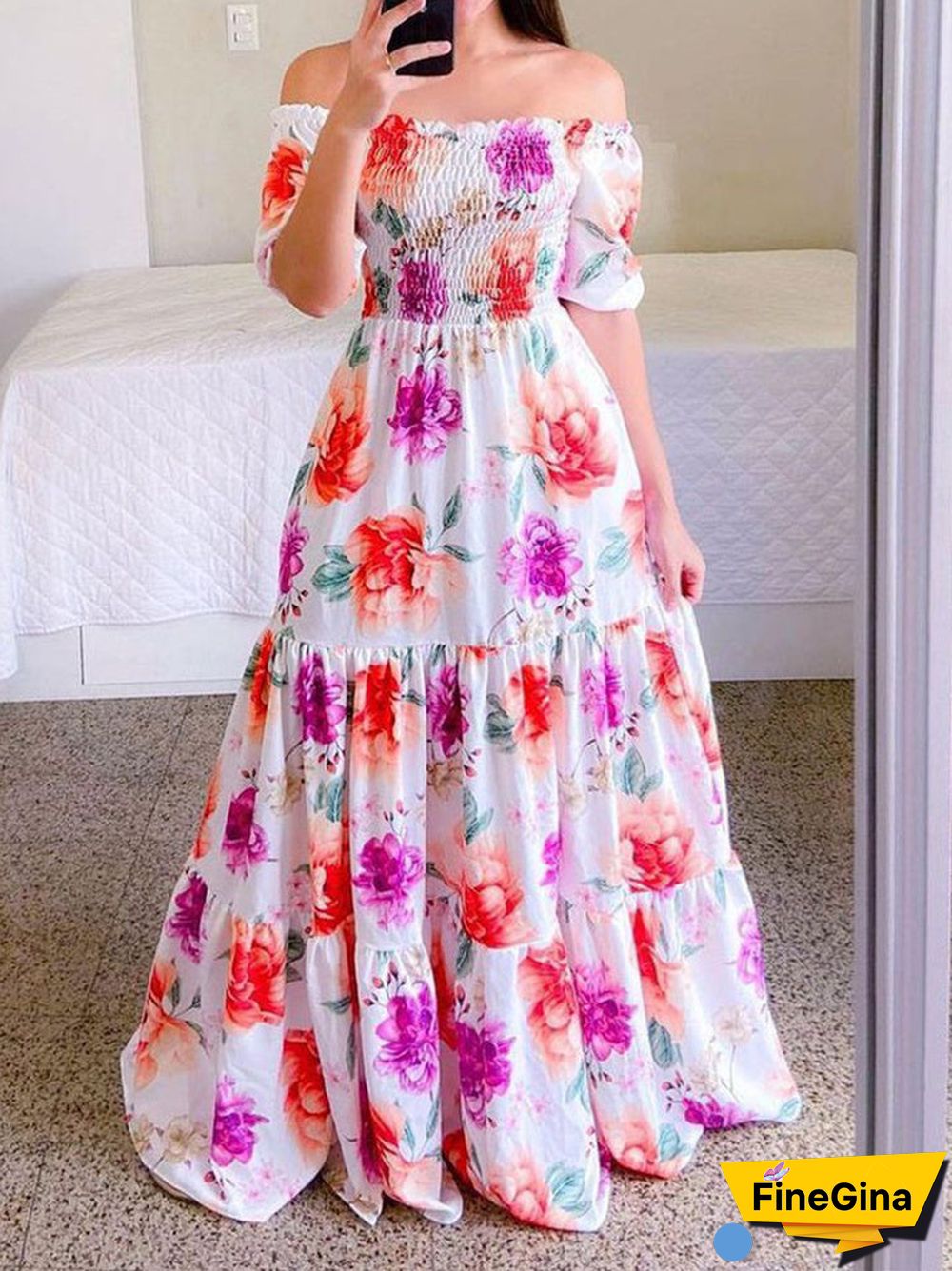 Women Sleeveless Off-shoulder Floral Printed Dress