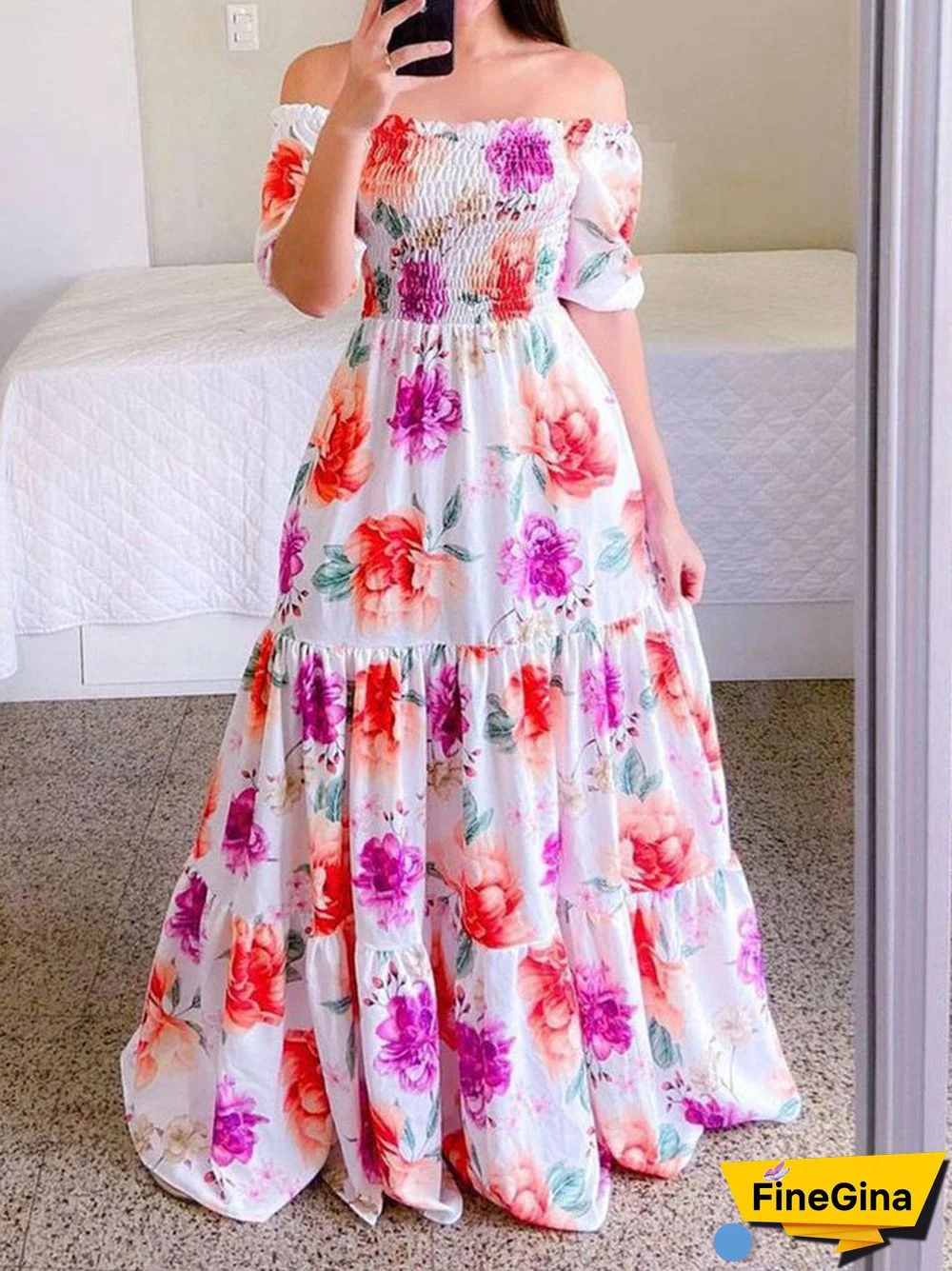 Women Sleeveless Off-shoulder Floral Printed Dress