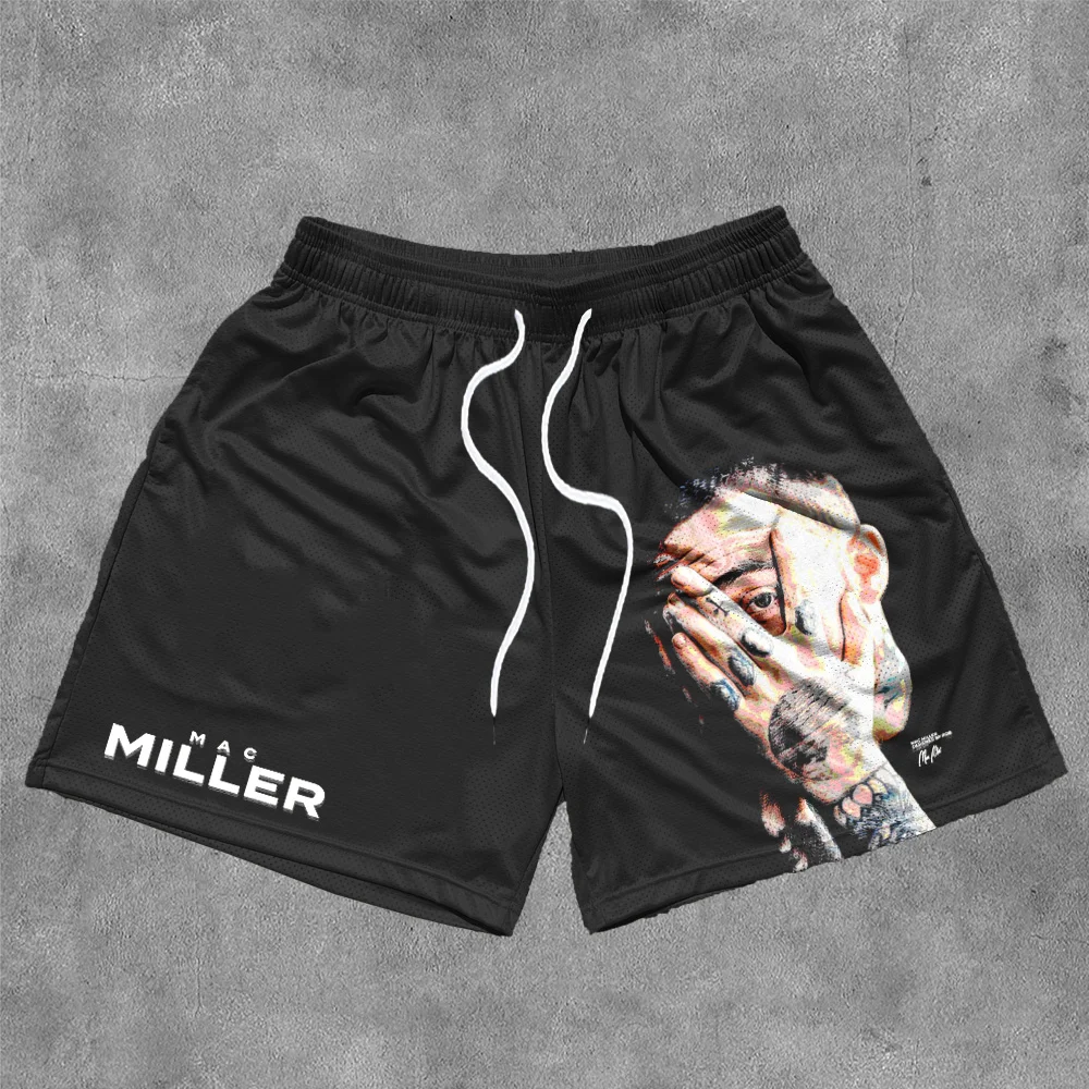 Fashion Mac Miller Print Mesh Drawstring Shorts