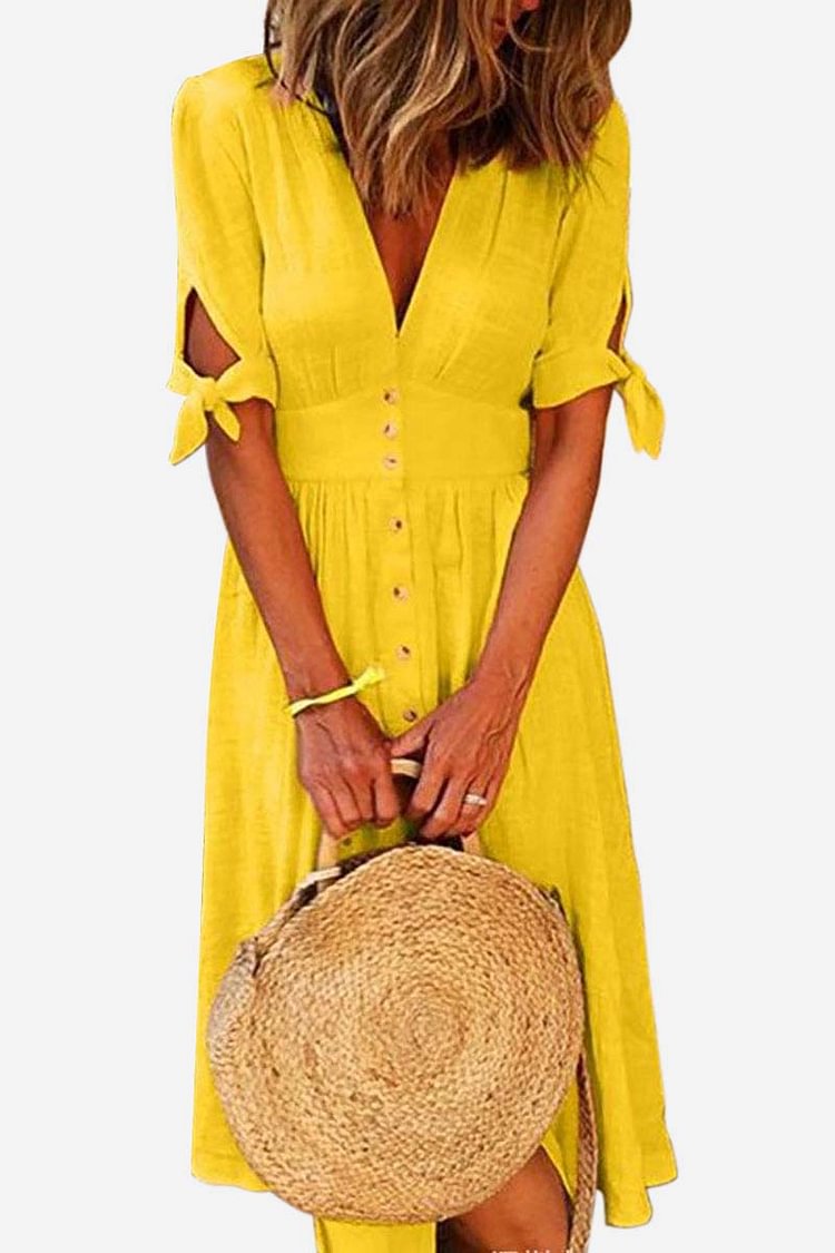 Linen Deep V Neck Button Up Tie Up Short Sleeve Pleated A-Line Vacation Midi Dress